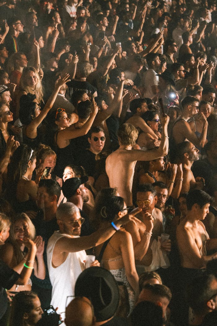 Vibrant crowd enjoying a nighttime music festival with energetic atmosphere.
