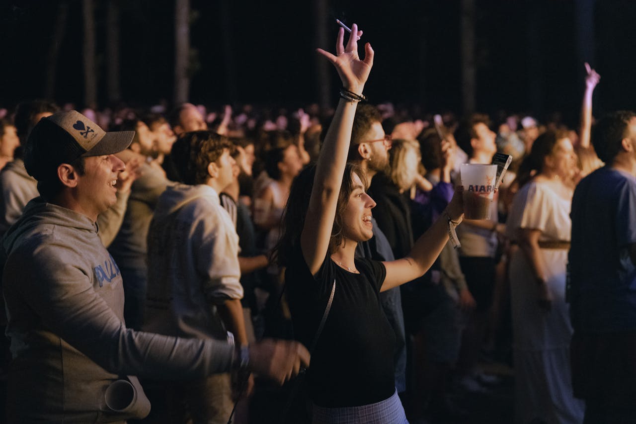 Energetic crowd enjoying a nighttime outdoor concert, cheering and raising hands.